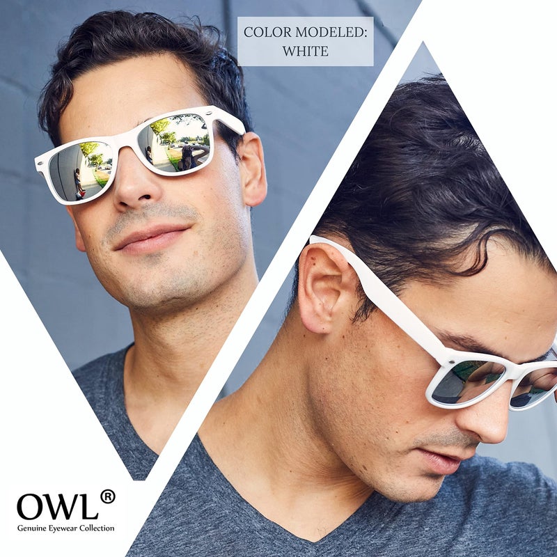 OWL Vintage Retro Classic Mirror Reflective Lens Style Sunglasses - 80's Fashion - Mens or Womens - Over 20 Colors Available (Silver Mirror Lens - White Frame) - Image 1